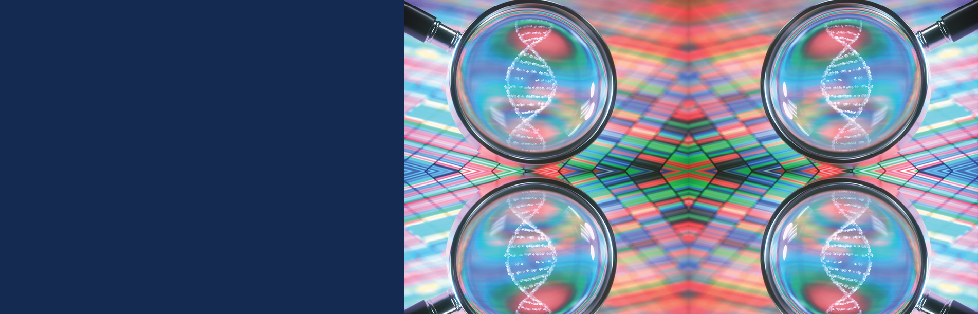 header with magnifying glass and dna helix