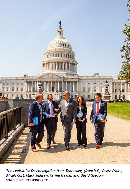 The Legislative Day delegation from Tennessee, (from left) Casey White,  Micah Cost, Mark Sullivan, Cyrine Haidar, and David Gregory,  strategizes on Capitol Hill.