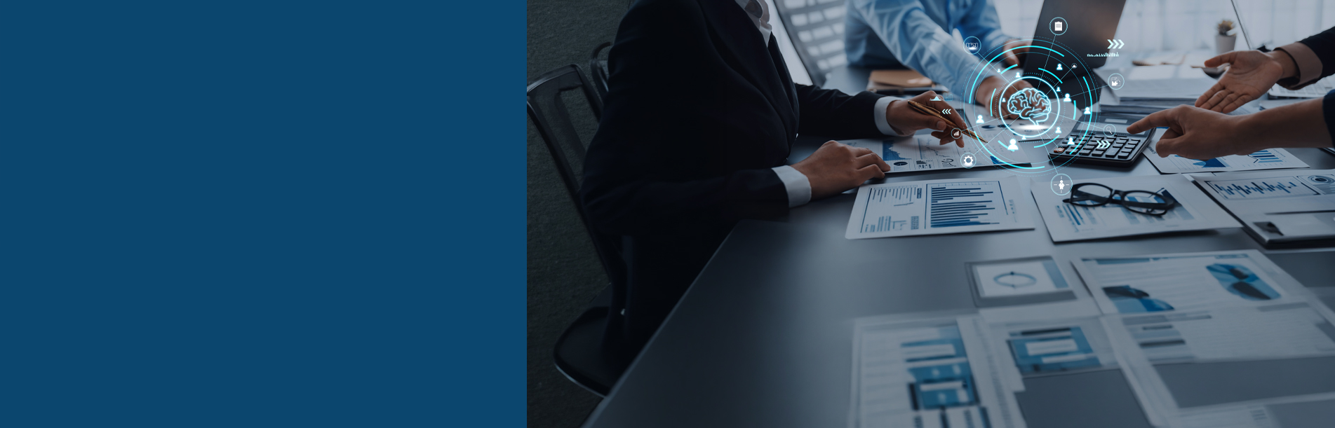 professionals engage in a collaborative analysis of data in a boardroom
