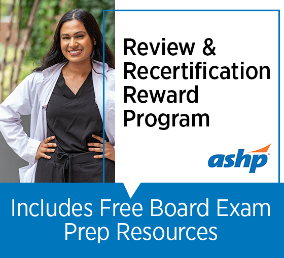 smiling female pharmacists with the caption: Review & Recertification Reward Program - Includes Free Board Exam Prep Resources